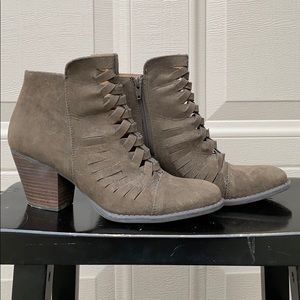 Faux suede ankle booties with open braid pattern